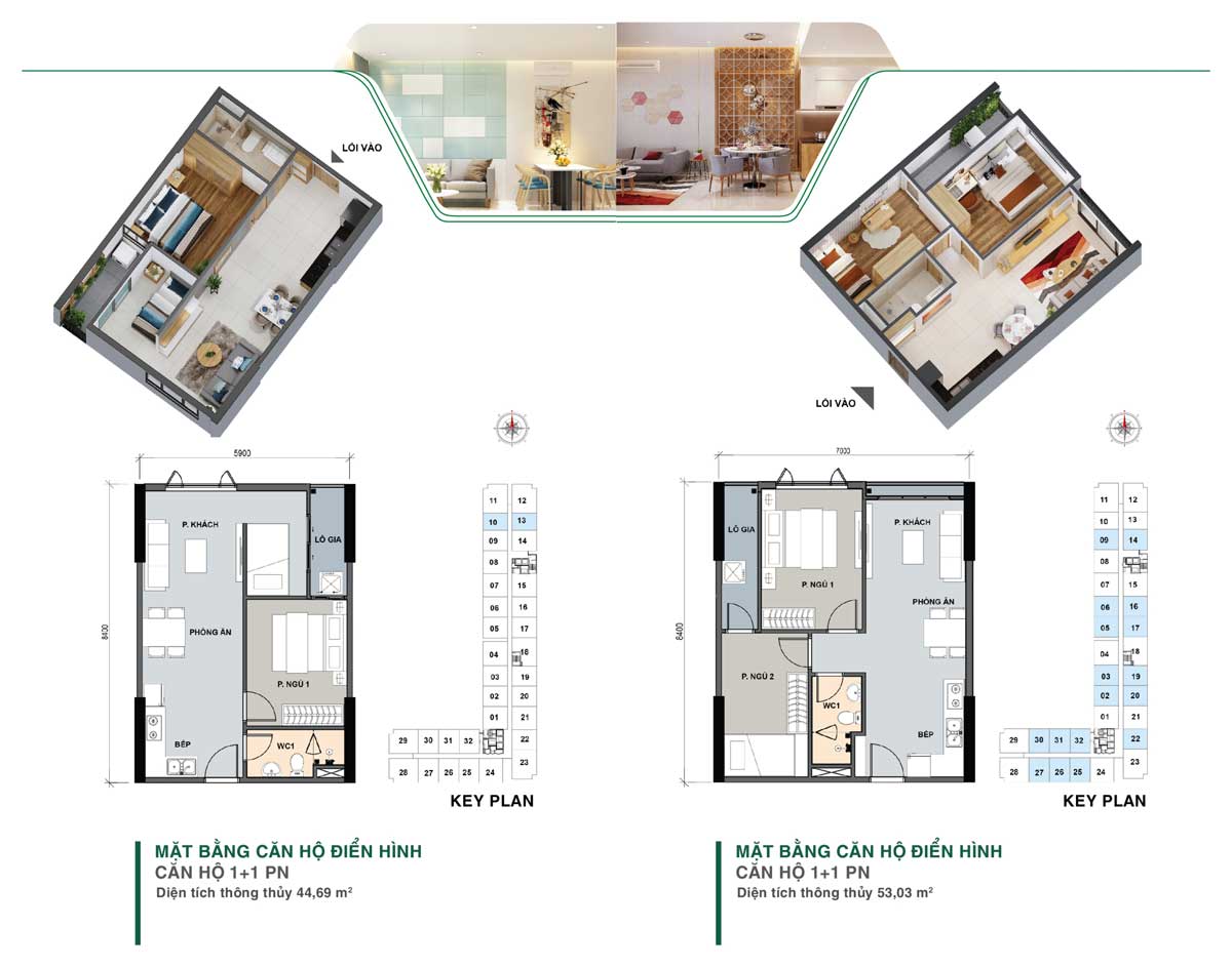 Thiết kế căn hộ 1 và 2 phòng ngủ dự án