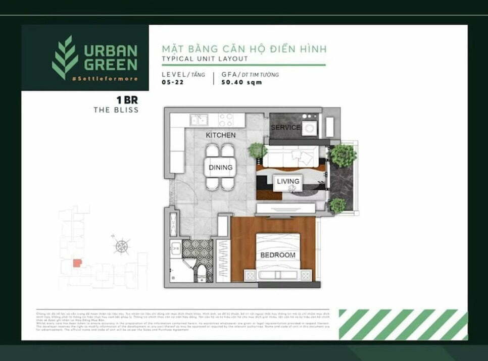 thiết kế căn hộ 1 phòng ngủ urban green