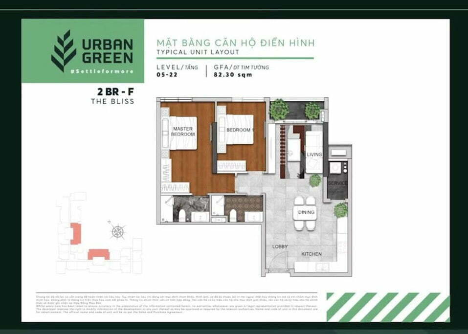 thiết kế căn hộ 2 phòng ngủ urban green