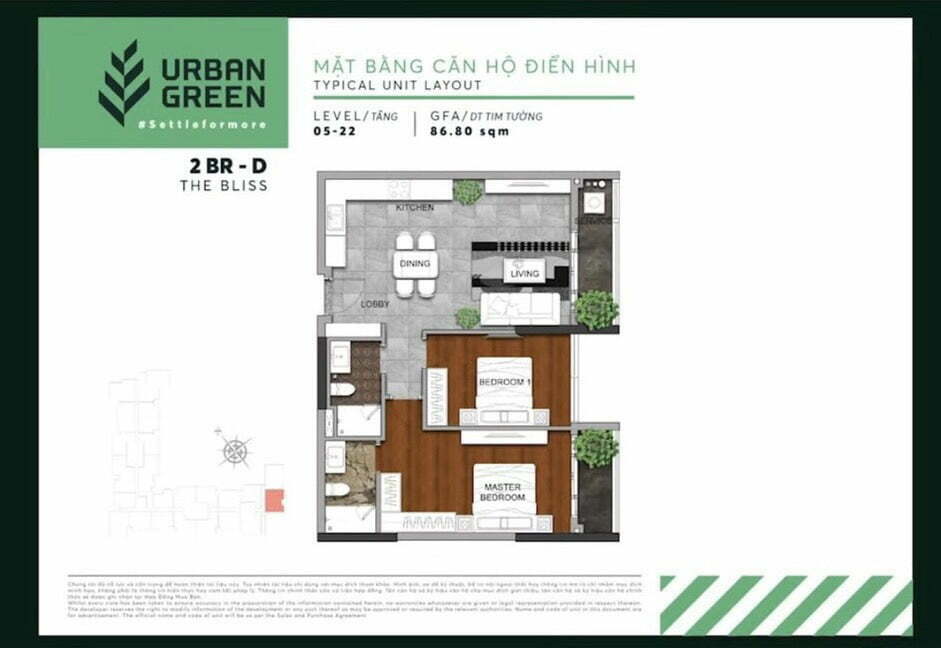 thiết kế căn hộ 2 phòng ngủ urban green