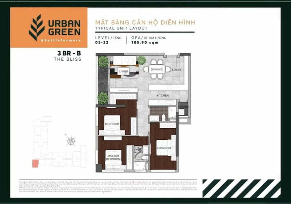 thiết kế căn hộ 3 phòng ngủ urban green