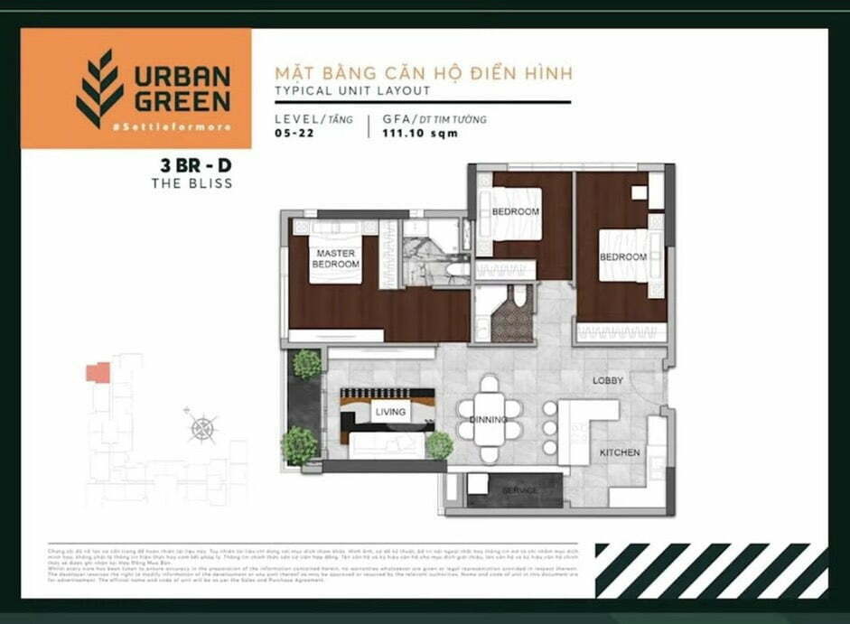 thiết kế căn hộ 3 phòng ngủ urban green