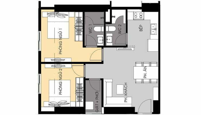 thiết kế căn hộ 2 pn 64 m2