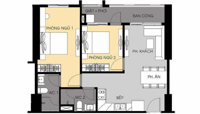 thiết kế căn hộ 2 pn 69 m2