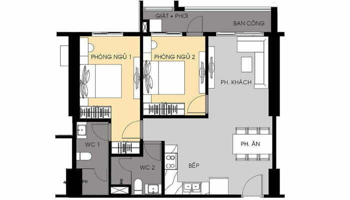 thiết kế căn hộ 2 pn 71 m2