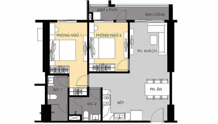 76-8m2 thiết kế căn hộ 2 pn 71 m2