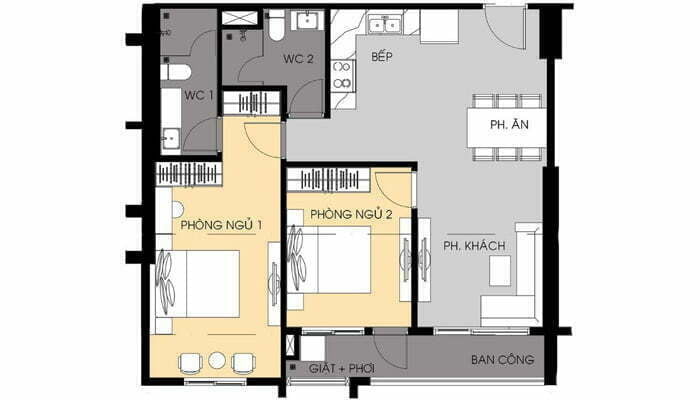 thiết kế căn hộ 2 pn 85 m2