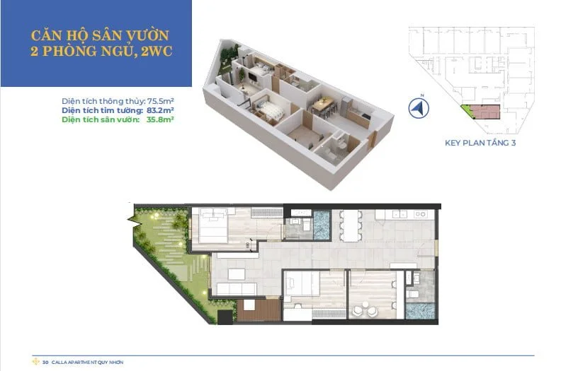 thiết kế căn hộ 2PN sân vườn