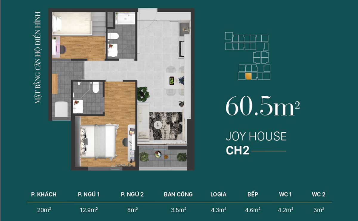 thiết kế căn hộ 60 m2