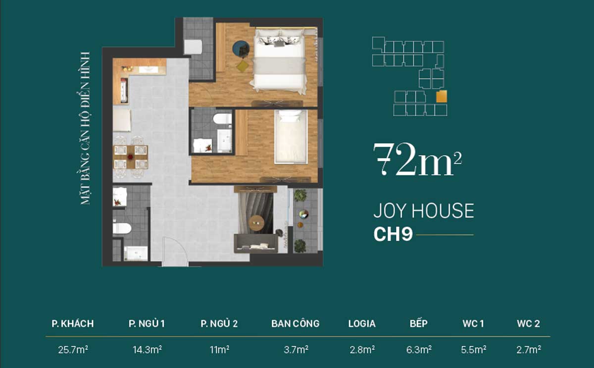 thiết kế căn hộ 72 m2