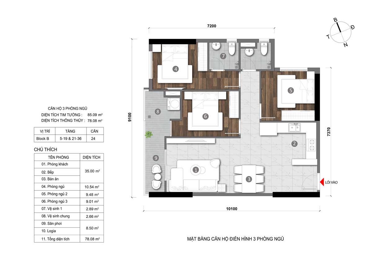 thiết kế căn hộ 3 phòng ngủ dự án
