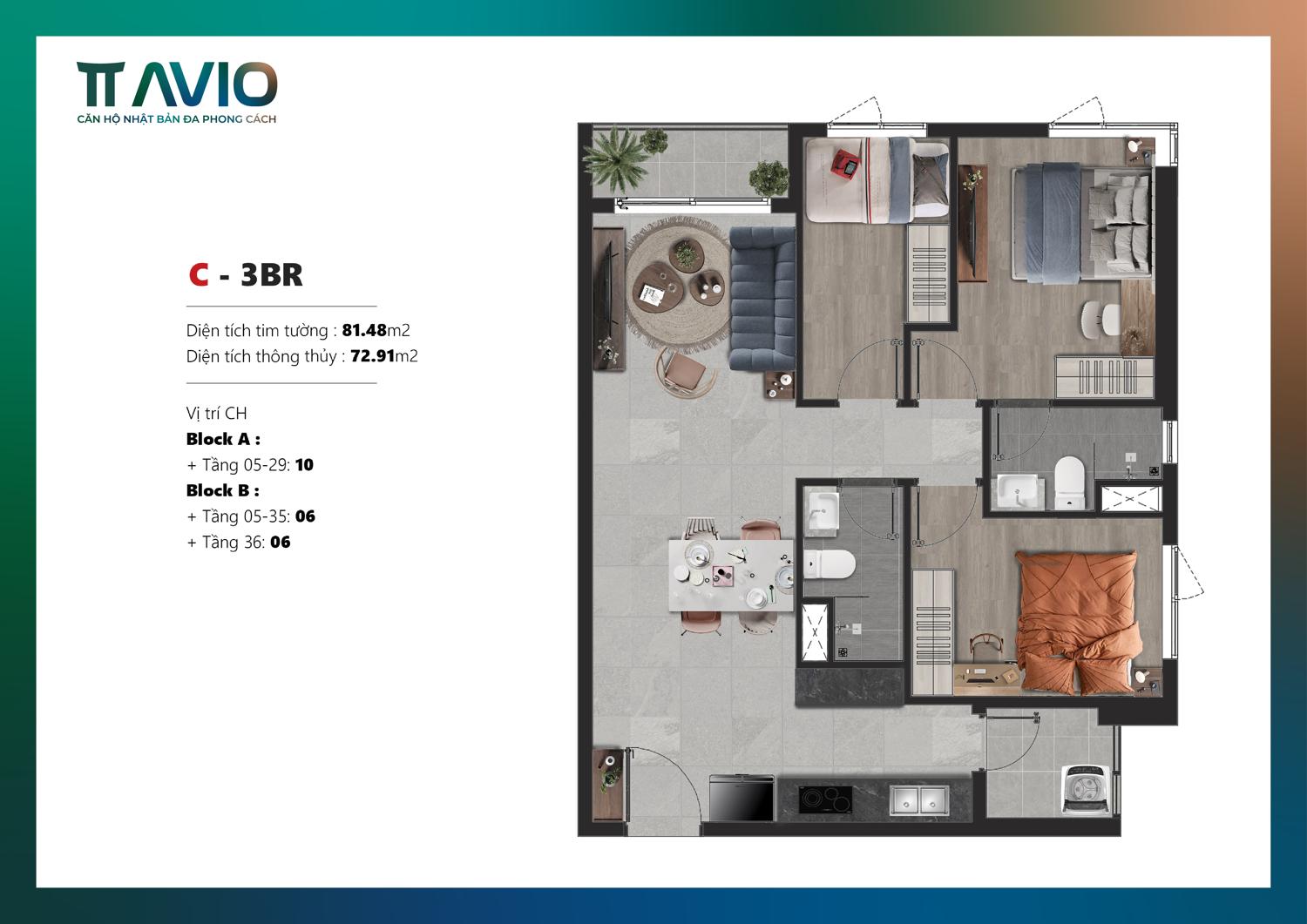 TT AVIO thiết kế 3 PN 2 WC
